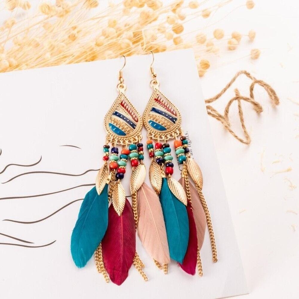 Feather Boho Rice Bead Stud Long Waterdrop Tassel Earrings Hook Boho Ethic Danly
